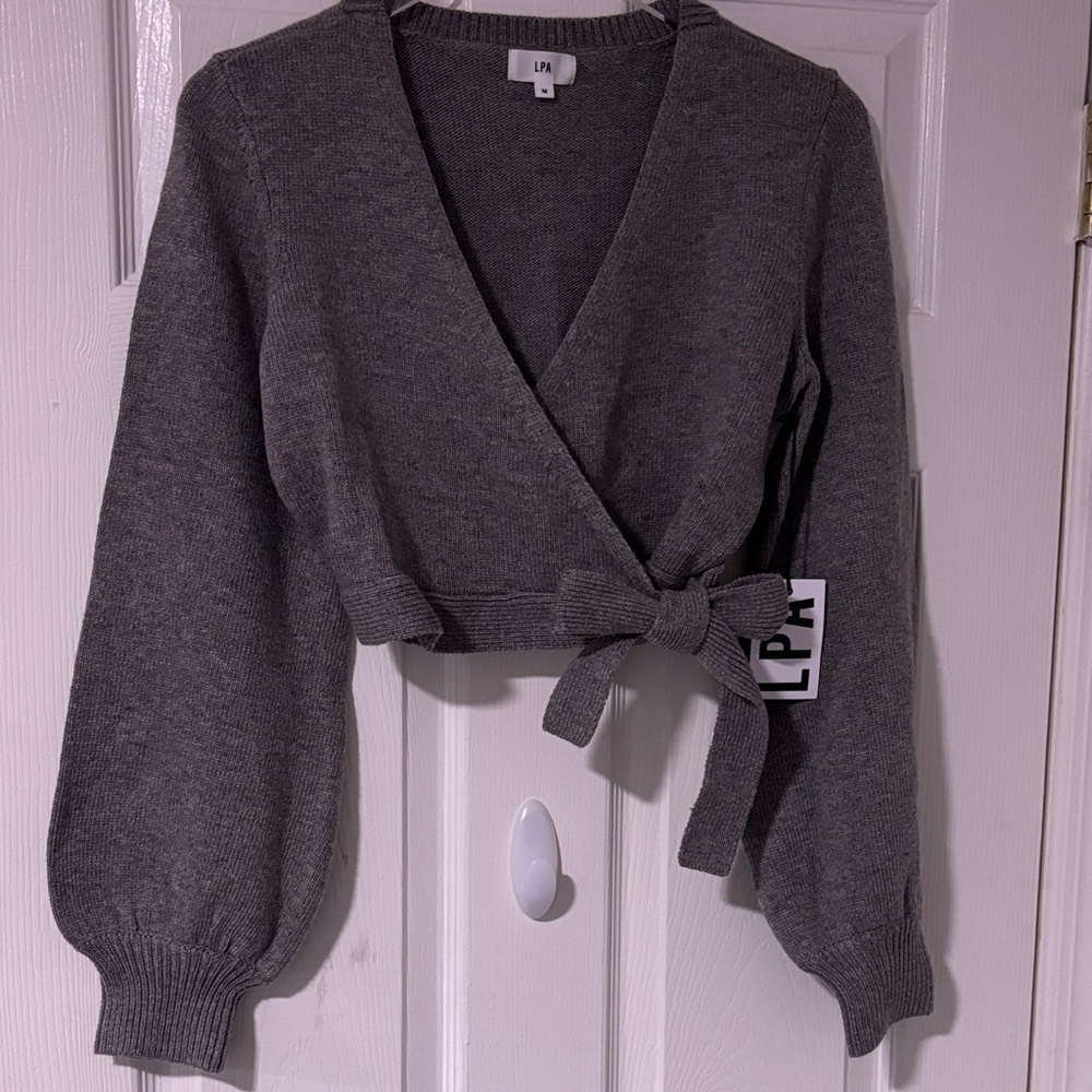 LPA.. Sz Medium…Light Charcoal Wrap Cropped Cardigan W Bubble Sleeve